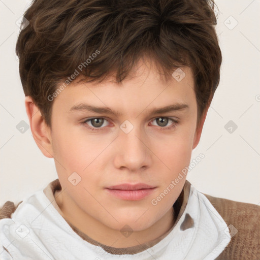 Joyful white child male with short  brown hair and brown eyes