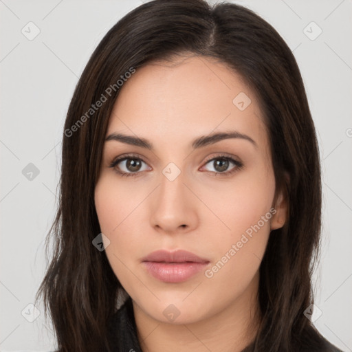 Neutral white young-adult female with long  brown hair and brown eyes