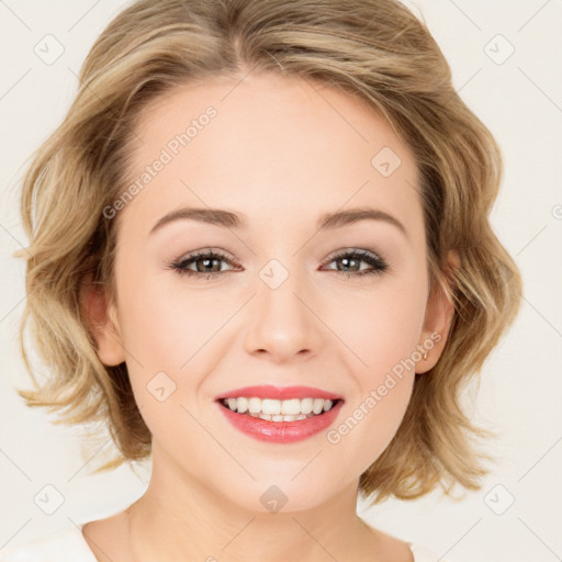 Joyful white young-adult female with medium  brown hair and blue eyes