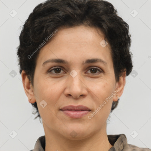 Joyful white adult female with short  brown hair and brown eyes