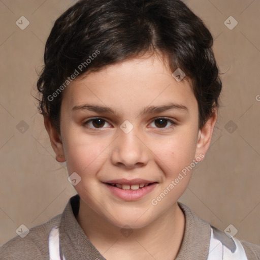 Joyful white child female with short  brown hair and brown eyes