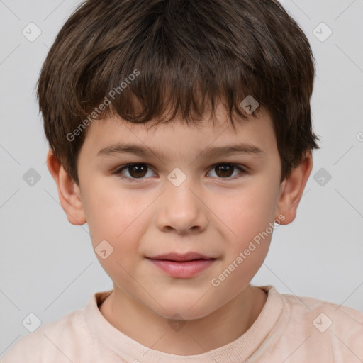 Joyful white child male with short  brown hair and brown eyes