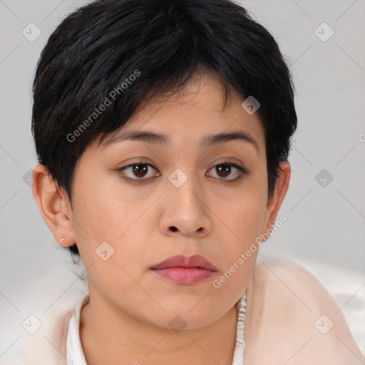 Neutral asian young-adult female with short  brown hair and brown eyes