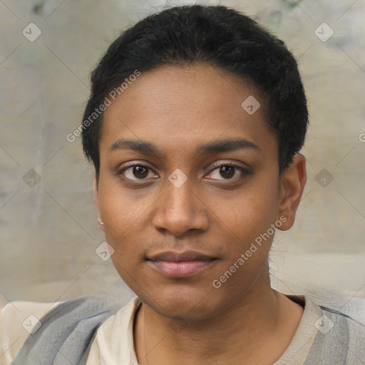 Neutral black young-adult female with short  black hair and brown eyes