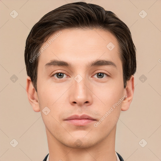 Neutral white young-adult male with short  brown hair and brown eyes