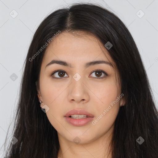 Neutral asian young-adult female with long  brown hair and brown eyes