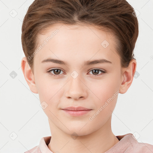 Joyful white child female with short  brown hair and brown eyes