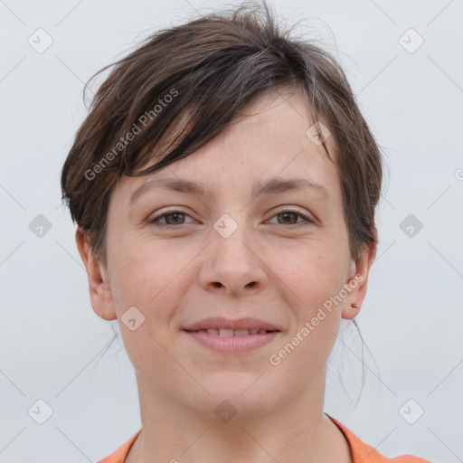 Joyful white young-adult female with short  brown hair and brown eyes