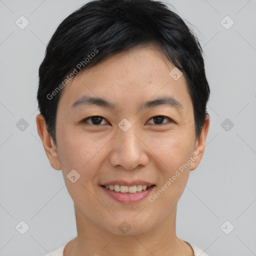 Joyful asian young-adult female with short  black hair and brown eyes