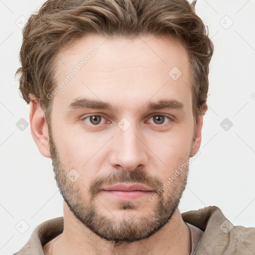 Neutral white young-adult male with short  brown hair and grey eyes