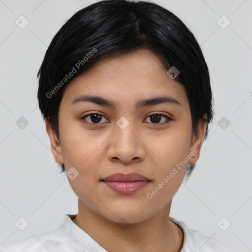 Joyful asian young-adult female with medium  black hair and brown eyes