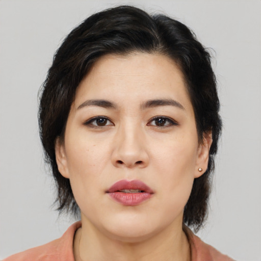 Neutral asian young-adult female with medium  brown hair and brown eyes
