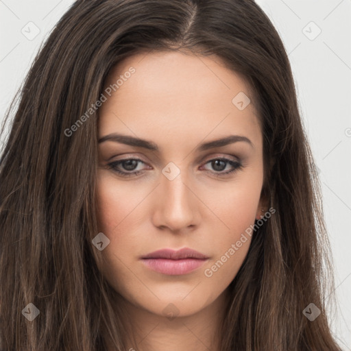 Neutral white young-adult female with long  brown hair and brown eyes