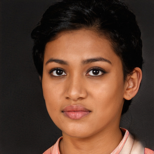 Neutral latino young-adult female with short  black hair and brown eyes