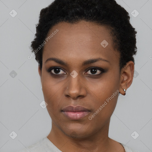 Neutral black young-adult female with short  black hair and brown eyes