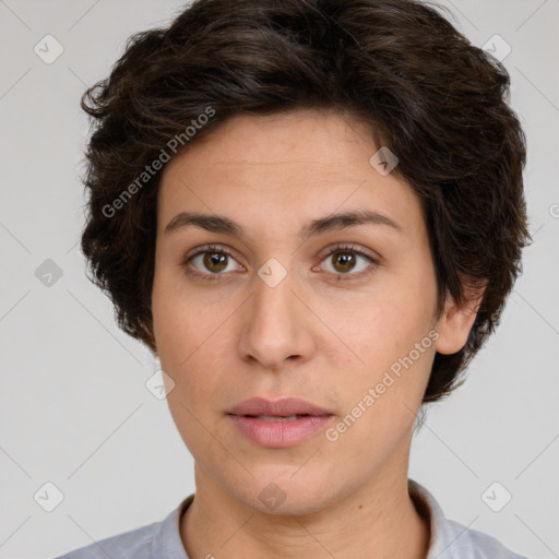 Neutral white young-adult female with short  brown hair and brown eyes