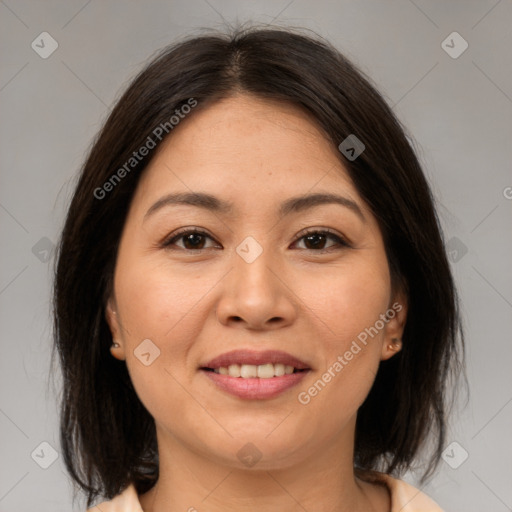 Joyful white young-adult female with medium  brown hair and brown eyes