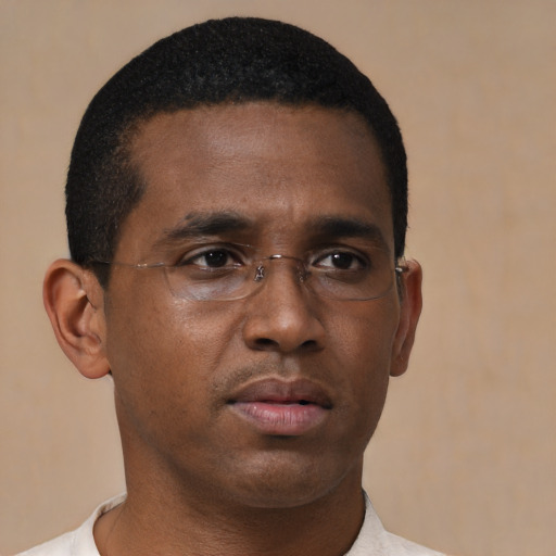 Neutral black young-adult male with short  black hair and brown eyes