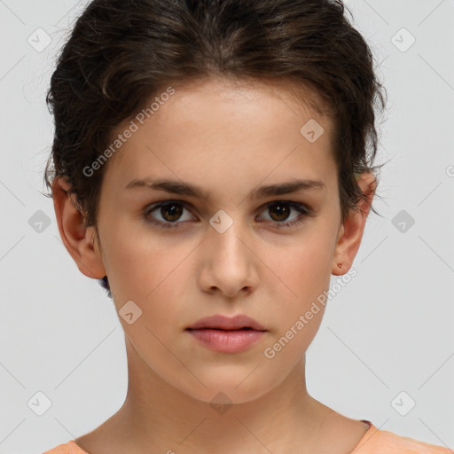 Neutral white young-adult female with short  brown hair and brown eyes