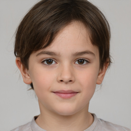 Joyful white child female with medium  brown hair and brown eyes