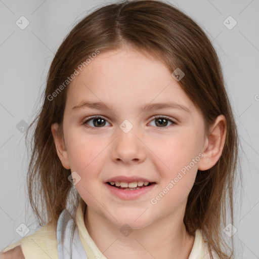 Joyful white child female with medium  brown hair and brown eyes