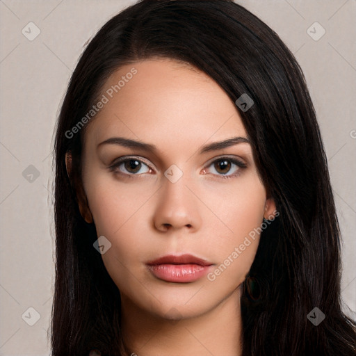 Neutral white young-adult female with long  black hair and brown eyes