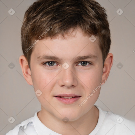 Joyful white child male with short  brown hair and brown eyes