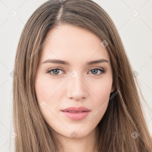 Neutral white young-adult female with long  brown hair and brown eyes