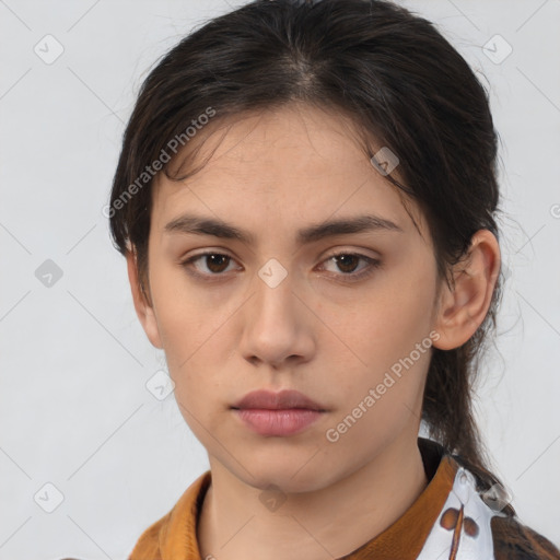 Neutral white young-adult female with medium  brown hair and brown eyes