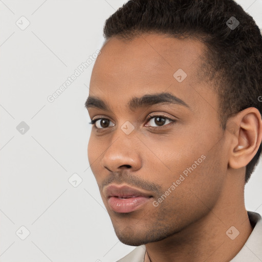 Neutral white young-adult male with short  black hair and brown eyes