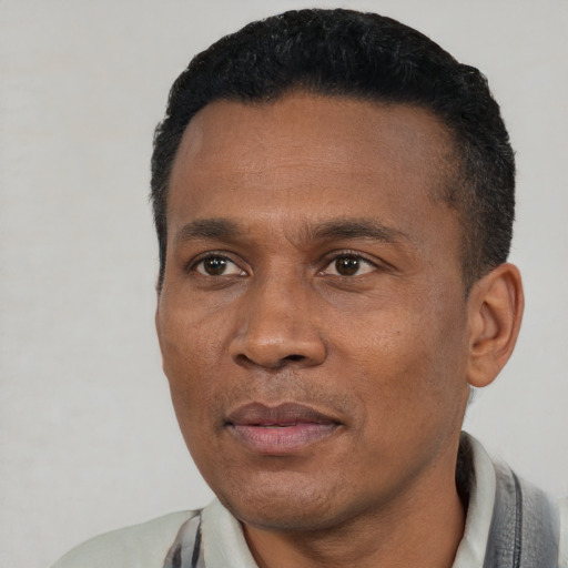Joyful black adult male with short  black hair and brown eyes