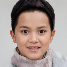 Joyful white child female with short  brown hair and brown eyes