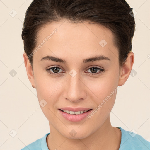 Joyful white young-adult female with short  brown hair and brown eyes