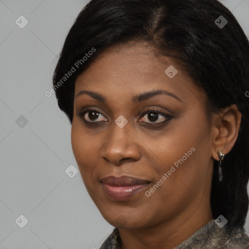 Joyful black young-adult female with medium  black hair and brown eyes