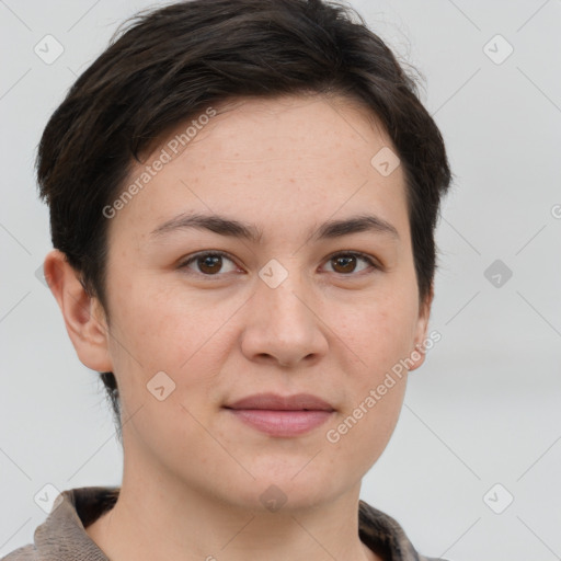 Joyful white young-adult female with short  brown hair and brown eyes