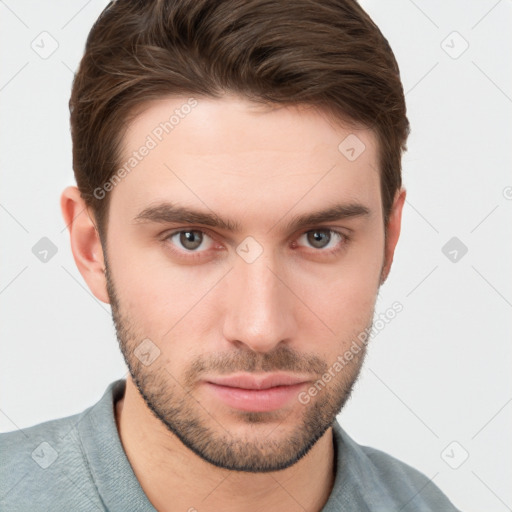 Neutral white young-adult male with short  brown hair and grey eyes