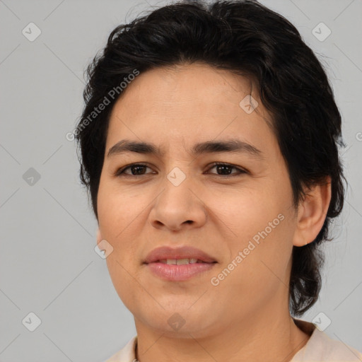 Joyful asian adult female with medium  brown hair and brown eyes