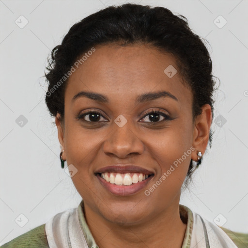 Joyful latino young-adult female with short  brown hair and brown eyes