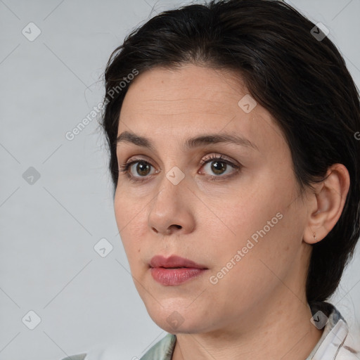 Neutral white young-adult female with medium  brown hair and brown eyes