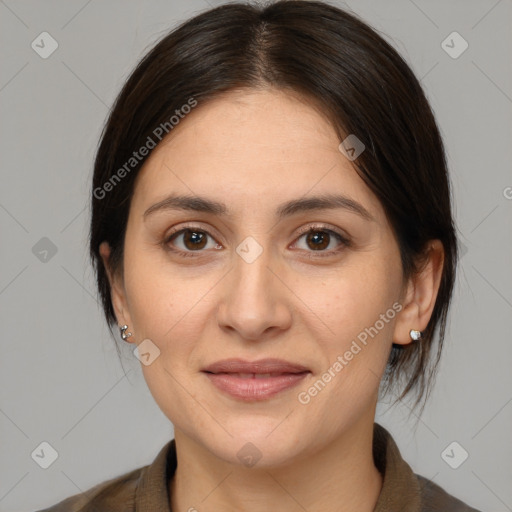 Joyful white young-adult female with medium  brown hair and brown eyes