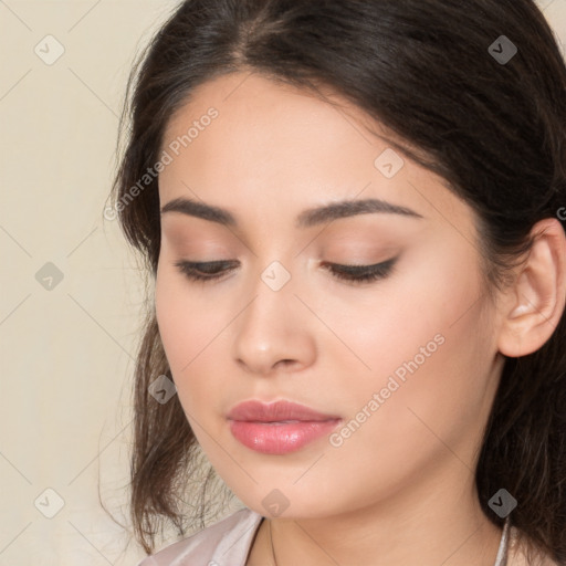 Neutral white young-adult female with medium  brown hair and brown eyes