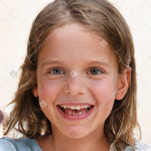 Joyful white child female with medium  brown hair and blue eyes