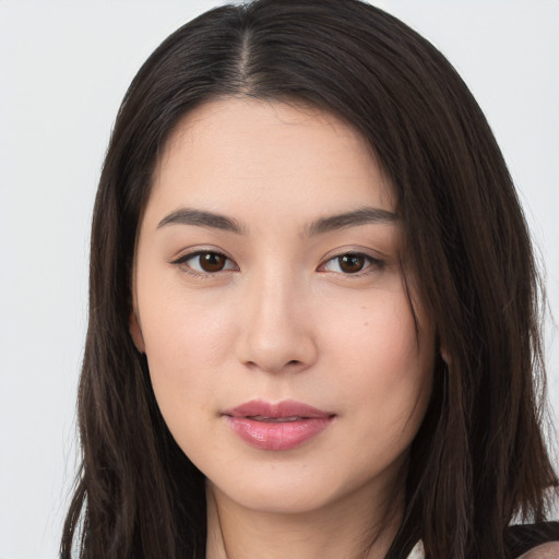 Neutral asian young-adult female with long  brown hair and brown eyes