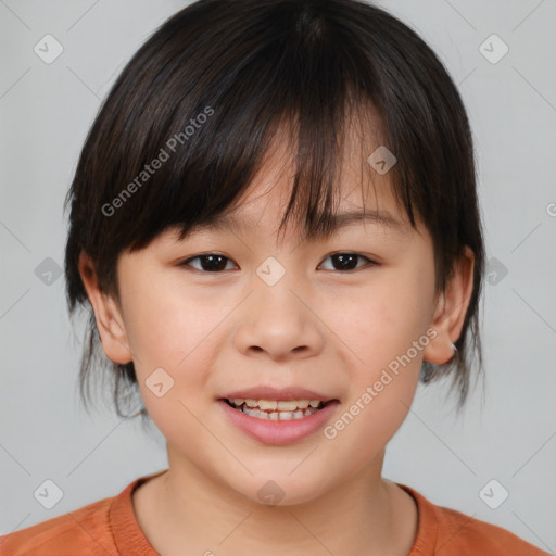 Joyful white child female with medium  brown hair and brown eyes