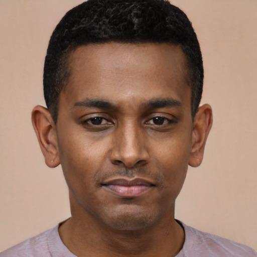 Neutral black young-adult male with short  black hair and brown eyes