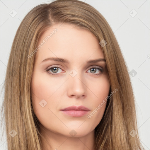 Neutral white young-adult female with long  brown hair and brown eyes