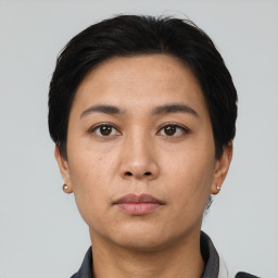 Neutral asian young-adult female with short  black hair and brown eyes