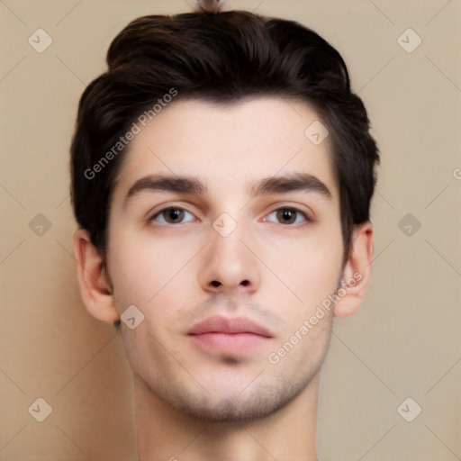 Neutral white young-adult male with short  brown hair and brown eyes