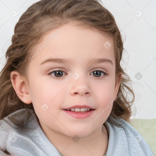 Joyful white child female with medium  brown hair and grey eyes