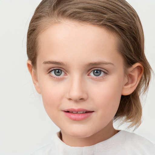 Joyful white child female with medium  brown hair and blue eyes